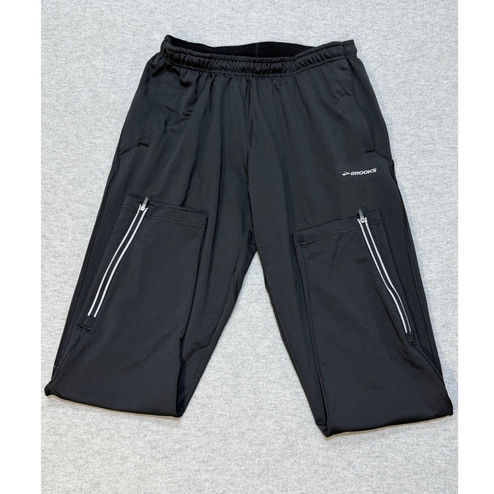 Brooks Mens Equilibrium Technology Black Running Pants Joggers Reflective Zip M